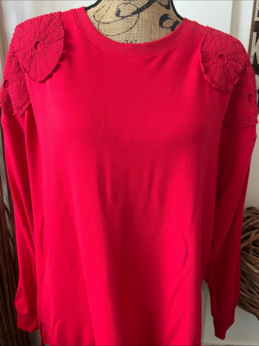 Women’s Red Long-Sleeve Top with Crochet Shoulder Detail